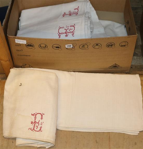 6 French Provincial course linen sheets, some with red cross stitch monograms